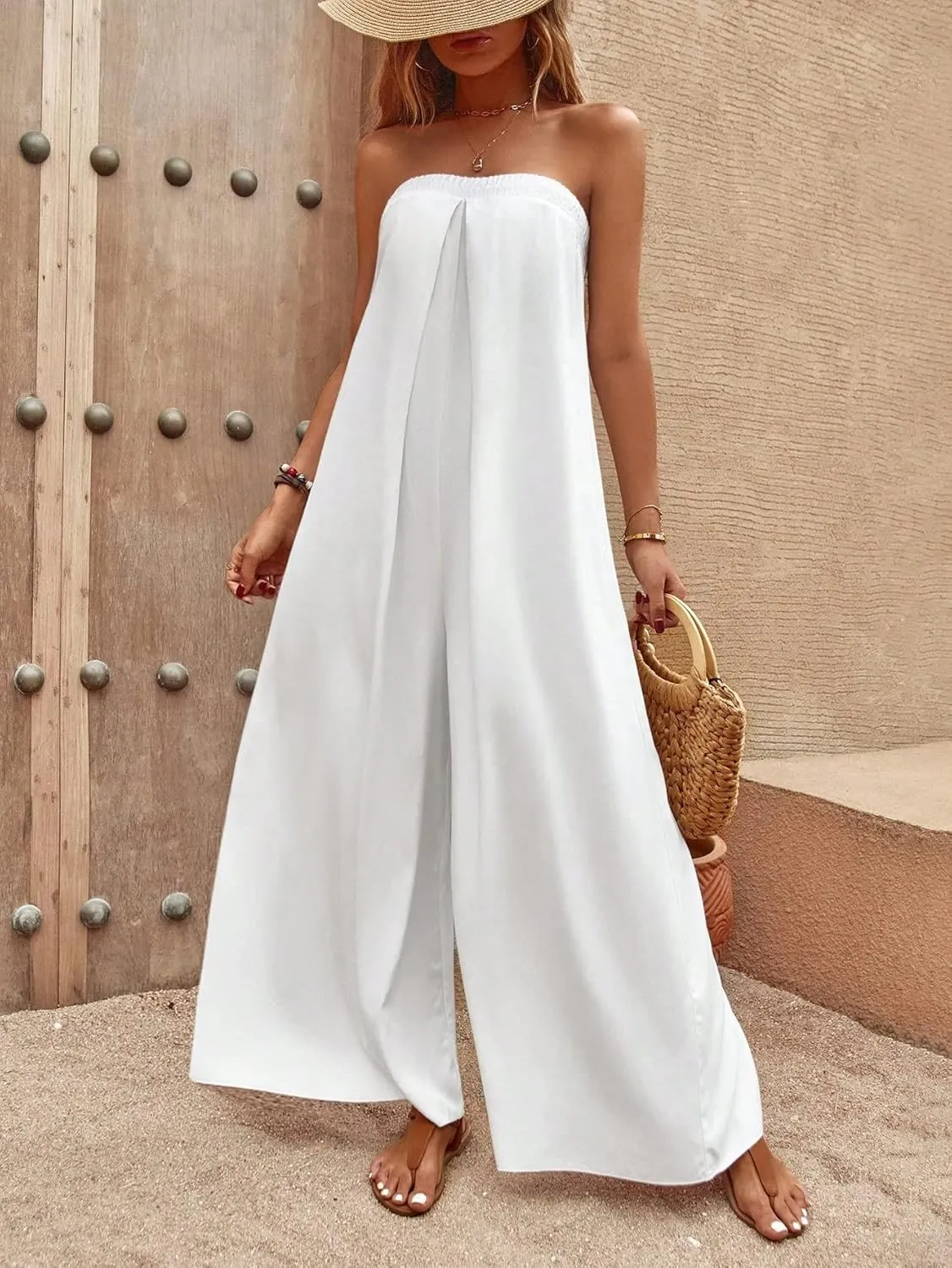 NALUMA Women's Casual 2023 Long Jumpsuits Rompers Sleeveless Solid Tie Back Tube Wide Leg Jumpsuit, Large, White