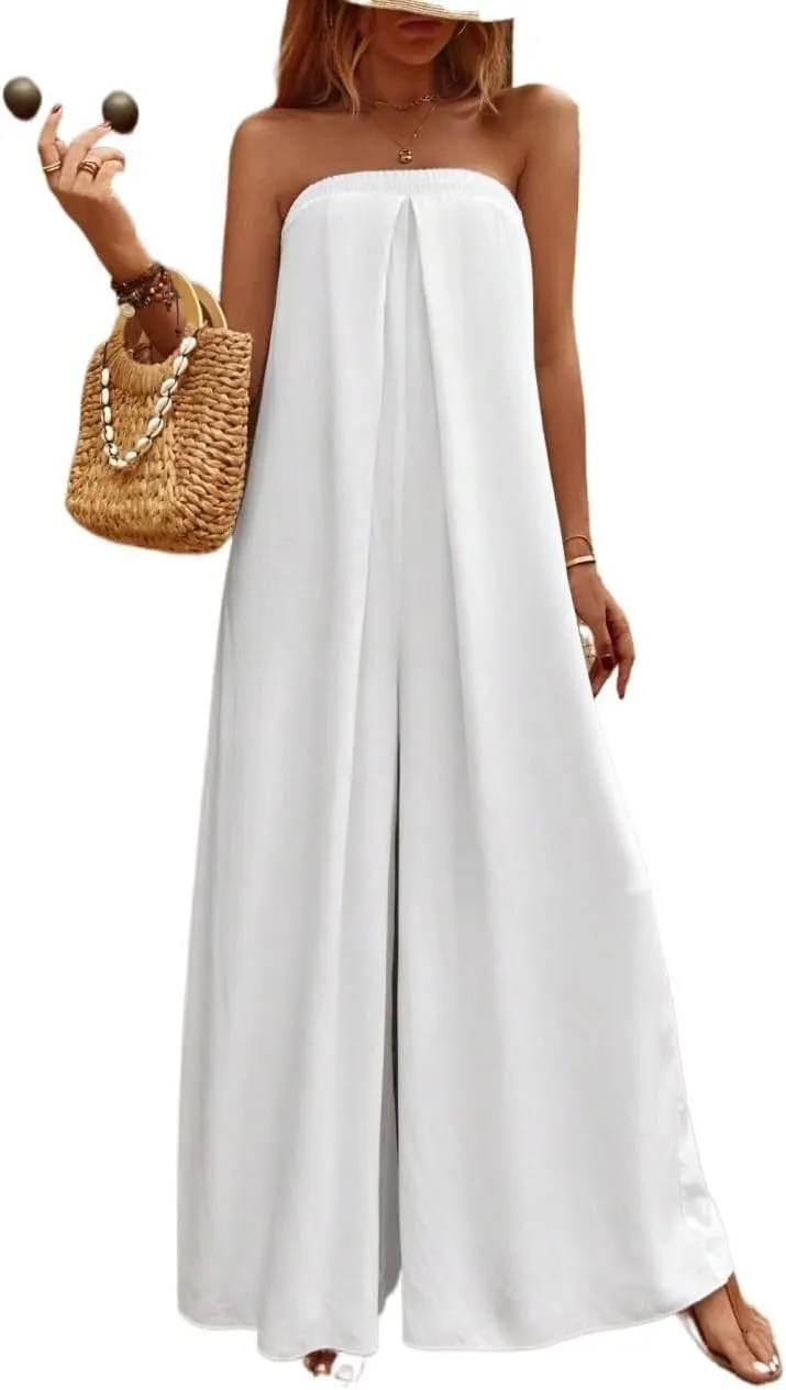 NALUMA Women's Casual 2023 Long Jumpsuits Rompers Sleeveless Solid Tie Back Tube Wide Leg Jumpsuit, Large, White