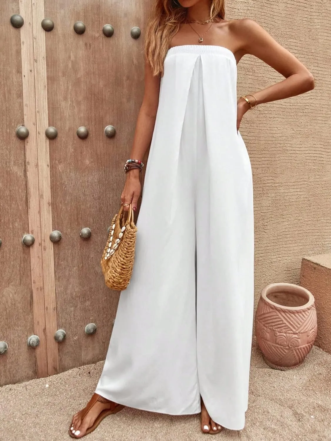NALUMA Women's Casual 2023 Long Jumpsuits Rompers Sleeveless Solid Tie Back Tube Wide Leg Jumpsuit, Large, White