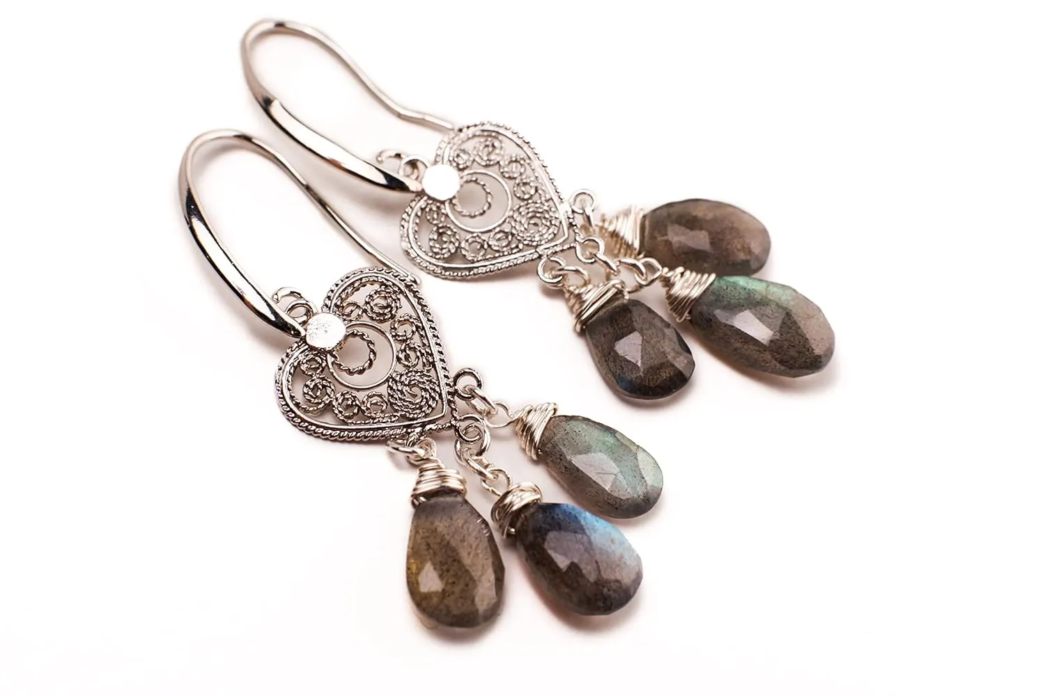 Natural Labradorite 5x10mm Faceted Drop Wire wrapped Chandelier Heart Filigree Rhodium Silver Earrings