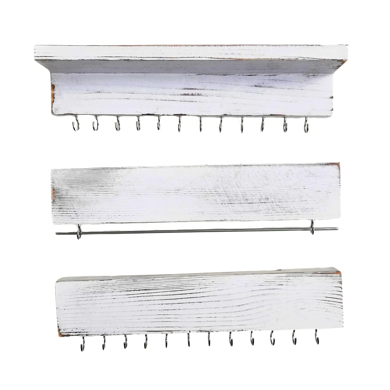 Necklace holder wall mount jewelry organizer storage chain earring hanger jewlery rack hanging shelf with hooks wooden display white, 3 parts