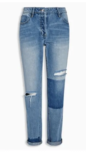 Next Boyfriend Mid Blue Relaxed Patched Womens Jeans
