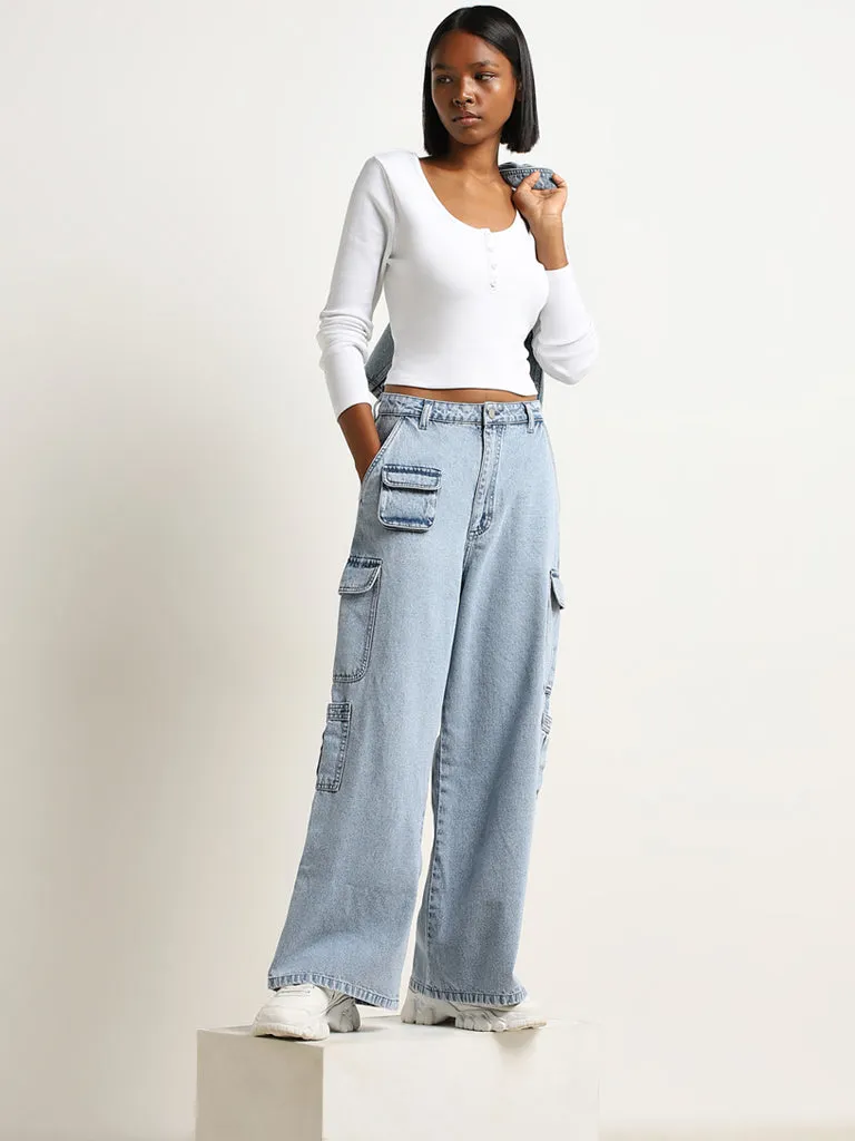 Nuon Light Blue Cargo-Style Mid - Rise Relaxed - Fit Jeans