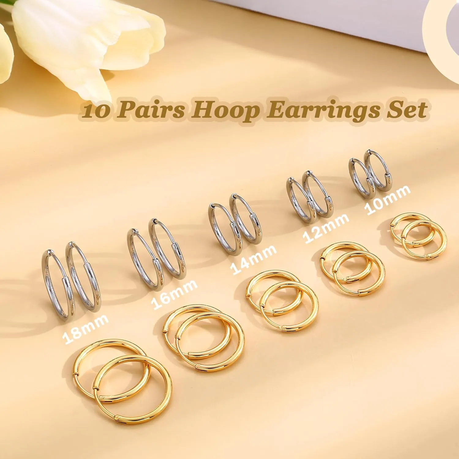 ORAZIO 14K Real Gold Plated Huggie Hoop Earrings Sets, 10 Pairs Hypoallergenic 316L Stainless Steel Silver Small Hoop Earrings Non-tarnish for Sensitive Ears, 24/7 Lightweight Dainty Endless Cartilage Jewelry for Women Men 6-18MM