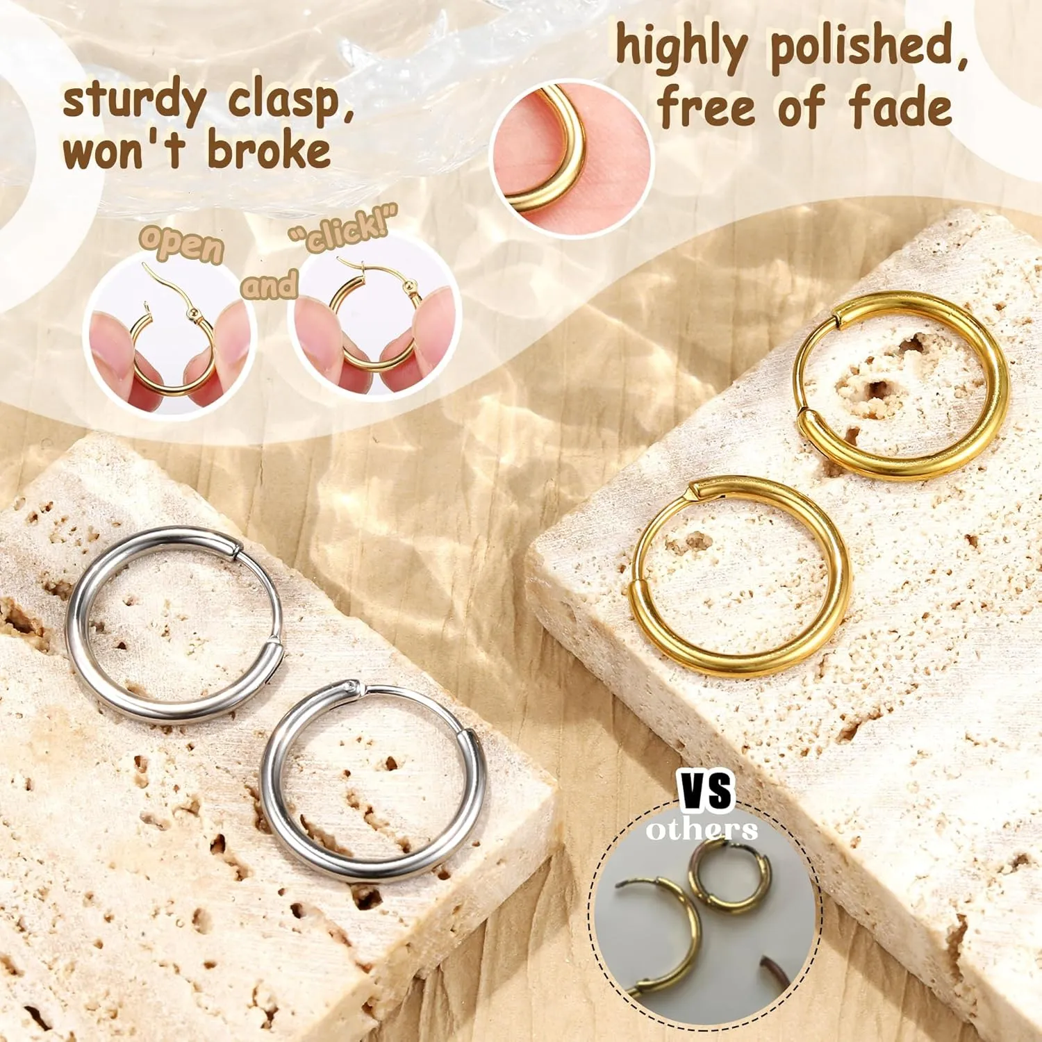 ORAZIO 14K Real Gold Plated Huggie Hoop Earrings Sets, 10 Pairs Hypoallergenic 316L Stainless Steel Silver Small Hoop Earrings Non-tarnish for Sensitive Ears, 24/7 Lightweight Dainty Endless Cartilage Jewelry for Women Men 6-18MM