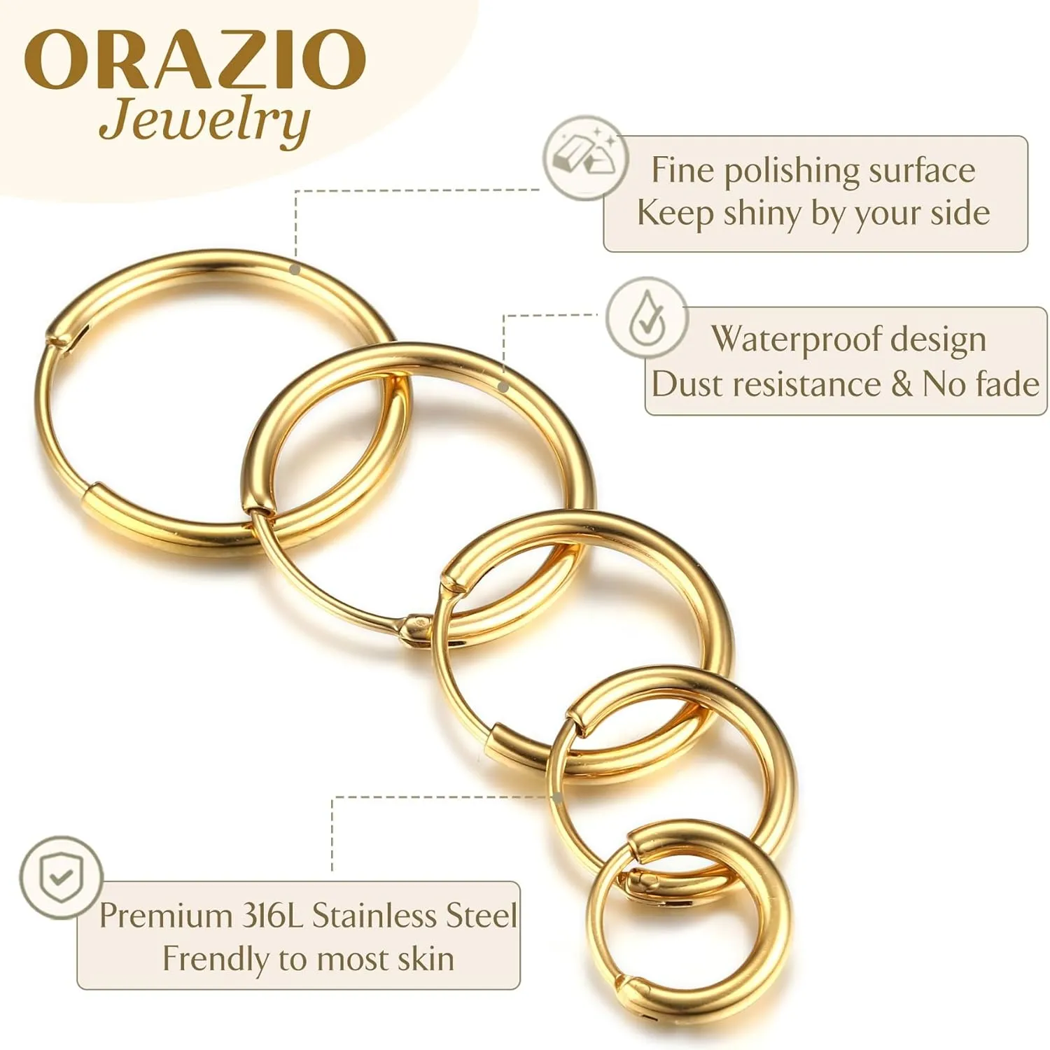 ORAZIO 14K Real Gold Plated Huggie Hoop Earrings Sets, 10 Pairs Hypoallergenic 316L Stainless Steel Silver Small Hoop Earrings Non-tarnish for Sensitive Ears, 24/7 Lightweight Dainty Endless Cartilage Jewelry for Women Men 6-18MM