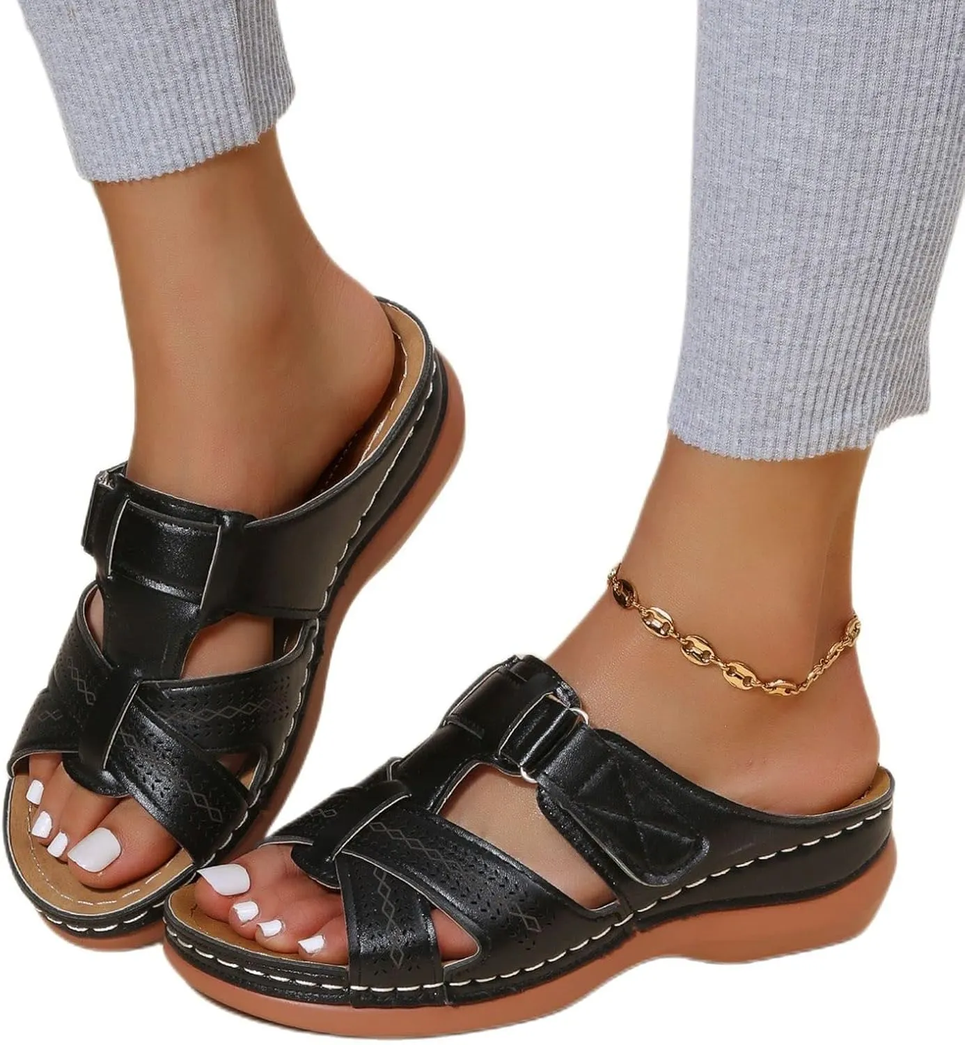 Orthopedic Sandals for Women Summer Platform Wedge Sandal with Arch Support Comfortable Casual Slip On Non-Slip Beach Vacation Travel Shoes