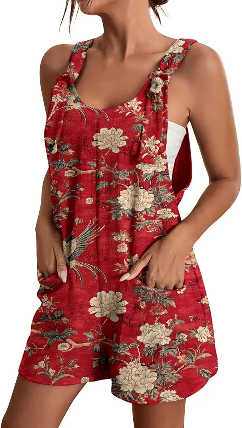 Overalls for Women Boho Floral Print Summer Casual Short Overalls Tie Knot Straps with Pockets