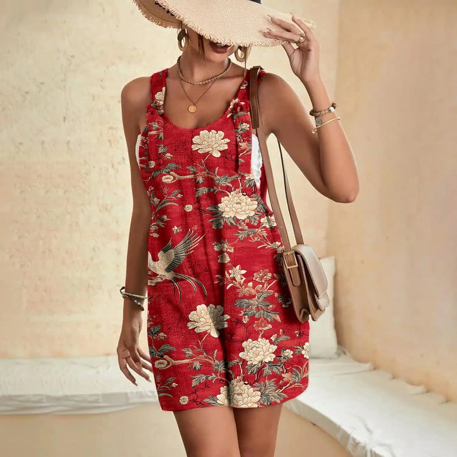 Overalls for Women Boho Floral Print Summer Casual Short Overalls Tie Knot Straps with Pockets