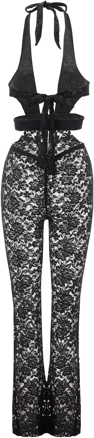 Owl's-Yard Women Sexy Floral Lace Jumpsuit Y2K Spaghetti Strap Mesh See Though Hollow Out Backless Flare Playsuit Romper