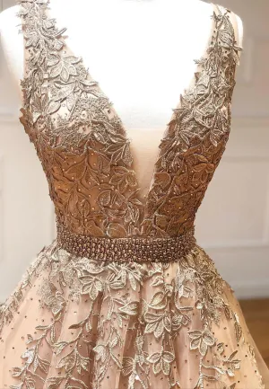 Plunging V-Neck Tulle Long Prom Dresses Lace Formal Dresses
