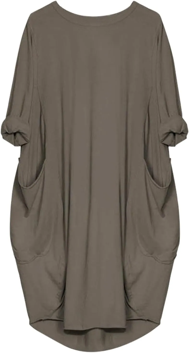 Plus Size Midi Sweater Dress for Women Long Sleeve Crewneck Knee Length Dresses with Pockets Spring Casual Sundress