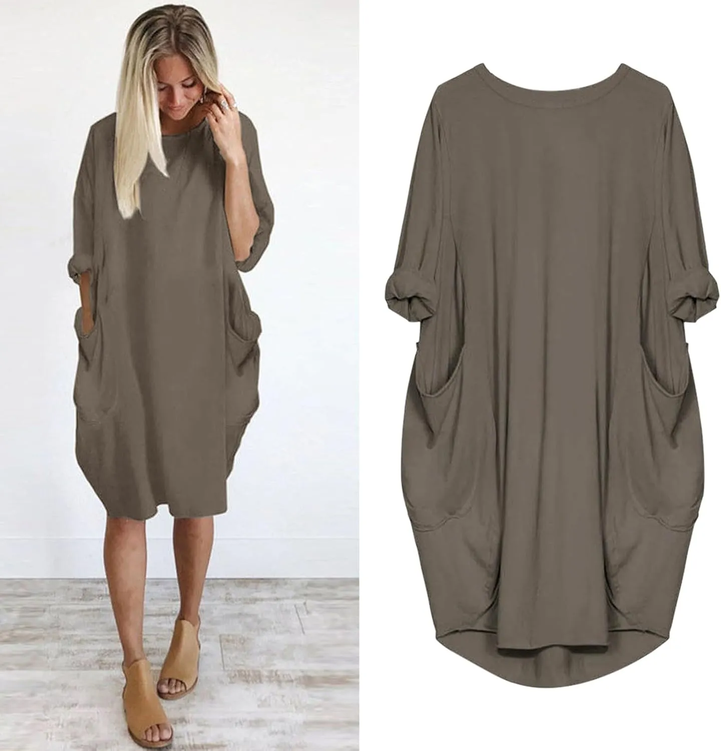 Plus Size Midi Sweater Dress for Women Long Sleeve Crewneck Knee Length Dresses with Pockets Spring Casual Sundress