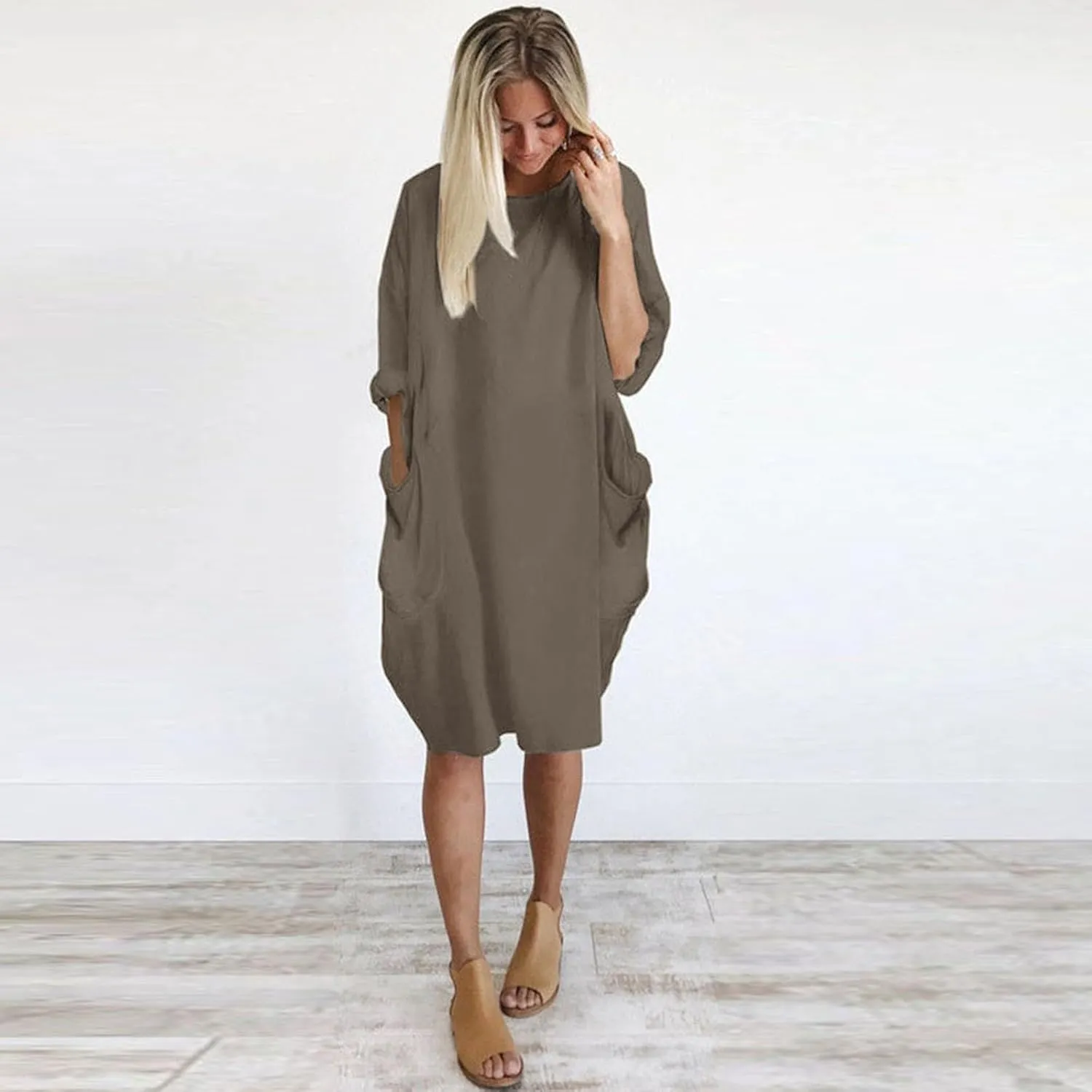 Plus Size Midi Sweater Dress for Women Long Sleeve Crewneck Knee Length Dresses with Pockets Spring Casual Sundress