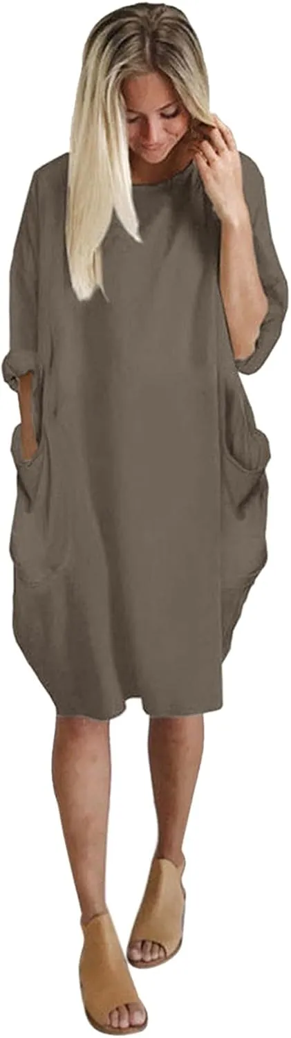 Plus Size Midi Sweater Dress for Women Long Sleeve Crewneck Knee Length Dresses with Pockets Spring Casual Sundress