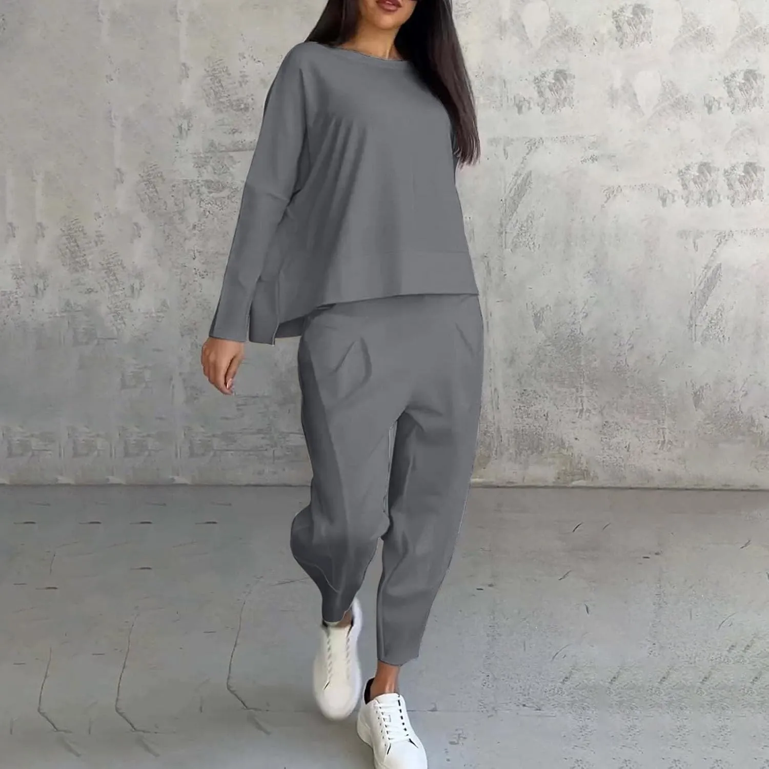 Plus Size Women Lounge Sets 2 Piece Outfits Irregular Y2K Baggy Plain Suits Sweatshirt Harem Pants Vacation Suits
