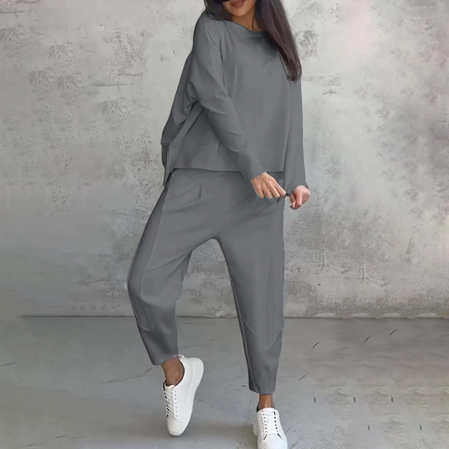 Plus Size Women Lounge Sets 2 Piece Outfits Irregular Y2K Baggy Plain Suits Sweatshirt Harem Pants Vacation Suits