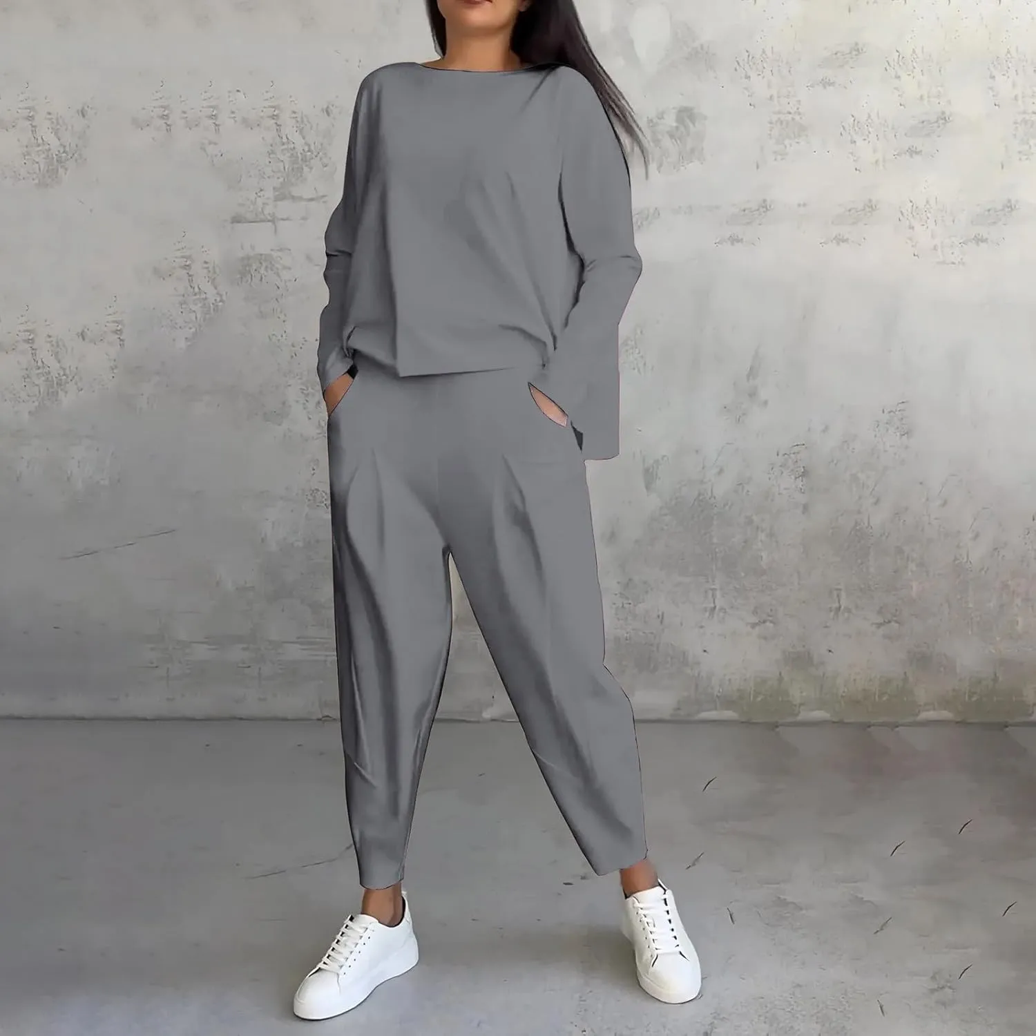 Plus Size Women Lounge Sets 2 Piece Outfits Irregular Y2K Baggy Plain Suits Sweatshirt Harem Pants Vacation Suits