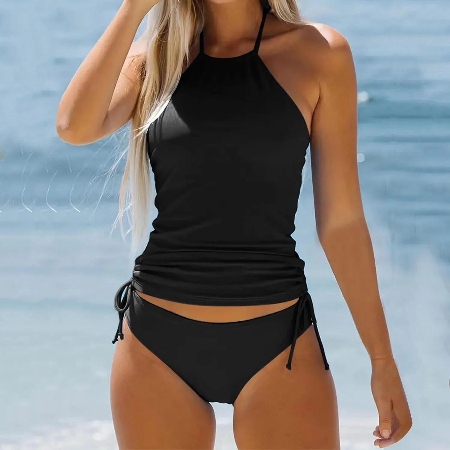 PTOLOCIF Two Piece Tankini Swimsuits for Women Two-Piece Tankini Set Trendy Print Swimwear Halter Neck Tank Top with Bottoms
