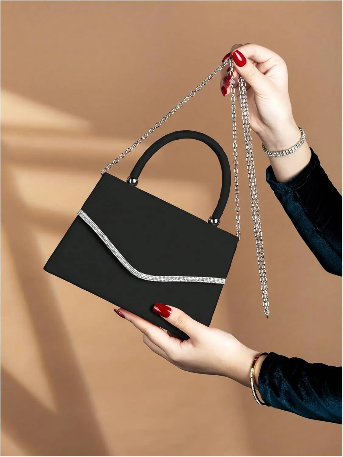 QWINEE Women's Rhinestone Sparkly Clutch Purse Chain Strap Top Handle Flap Handbag Evening Cocktail Square Purse
