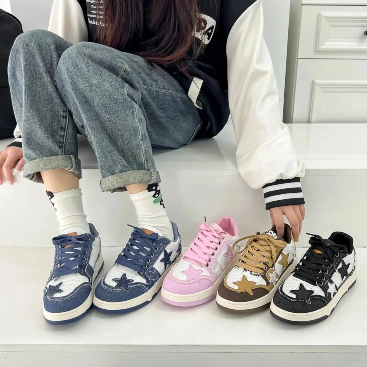 Retro Star Sneakers for Women - Colorblock Casual Skate Shoes
