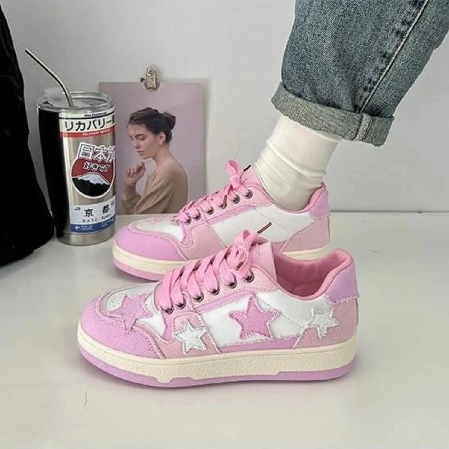 Retro Star Sneakers for Women - Colorblock Casual Skate Shoes
