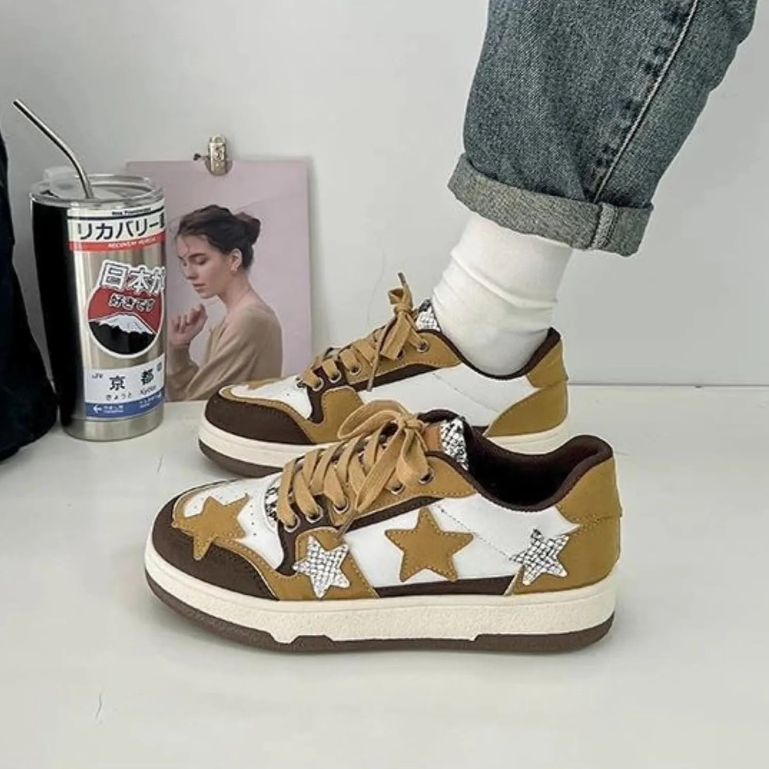 Retro Star Sneakers for Women - Colorblock Casual Skate Shoes