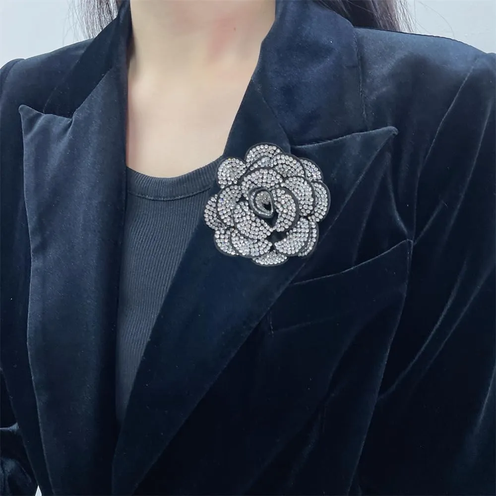Rhinestone Rose Flower Brooch Lapel Pins for Women Her Fashion Crystal Camellia Flower Brooches Pin for Dress Accessories Jewelry Boutonniere Corsage Wedding Party Birthday Gift 70mm