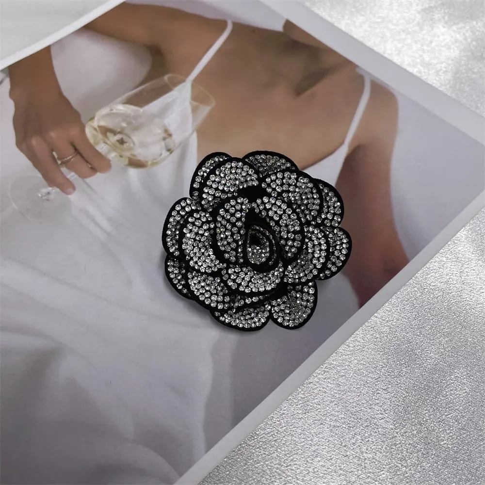 Rhinestone Rose Flower Brooch Lapel Pins for Women Her Fashion Crystal Camellia Flower Brooches Pin for Dress Accessories Jewelry Boutonniere Corsage Wedding Party Birthday Gift 70mm