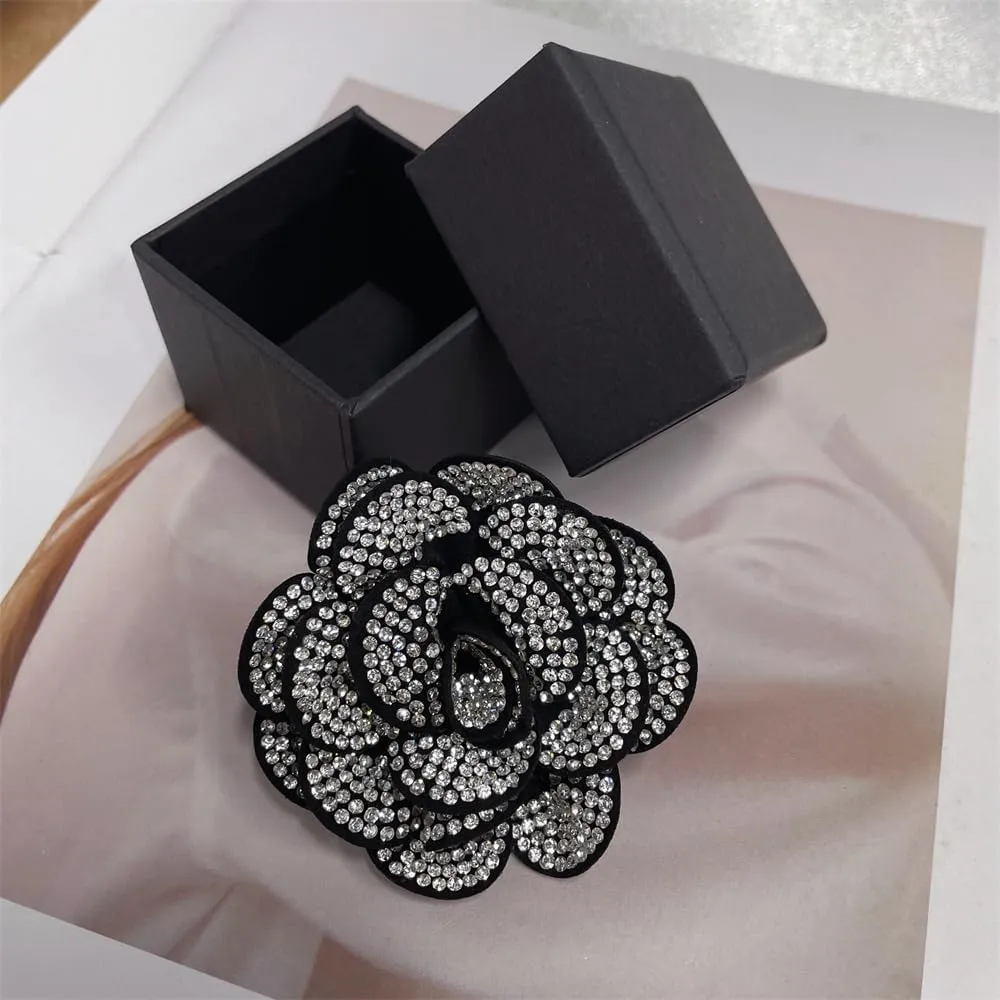 Rhinestone Rose Flower Brooch Lapel Pins for Women Her Fashion Crystal Camellia Flower Brooches Pin for Dress Accessories Jewelry Boutonniere Corsage Wedding Party Birthday Gift 70mm