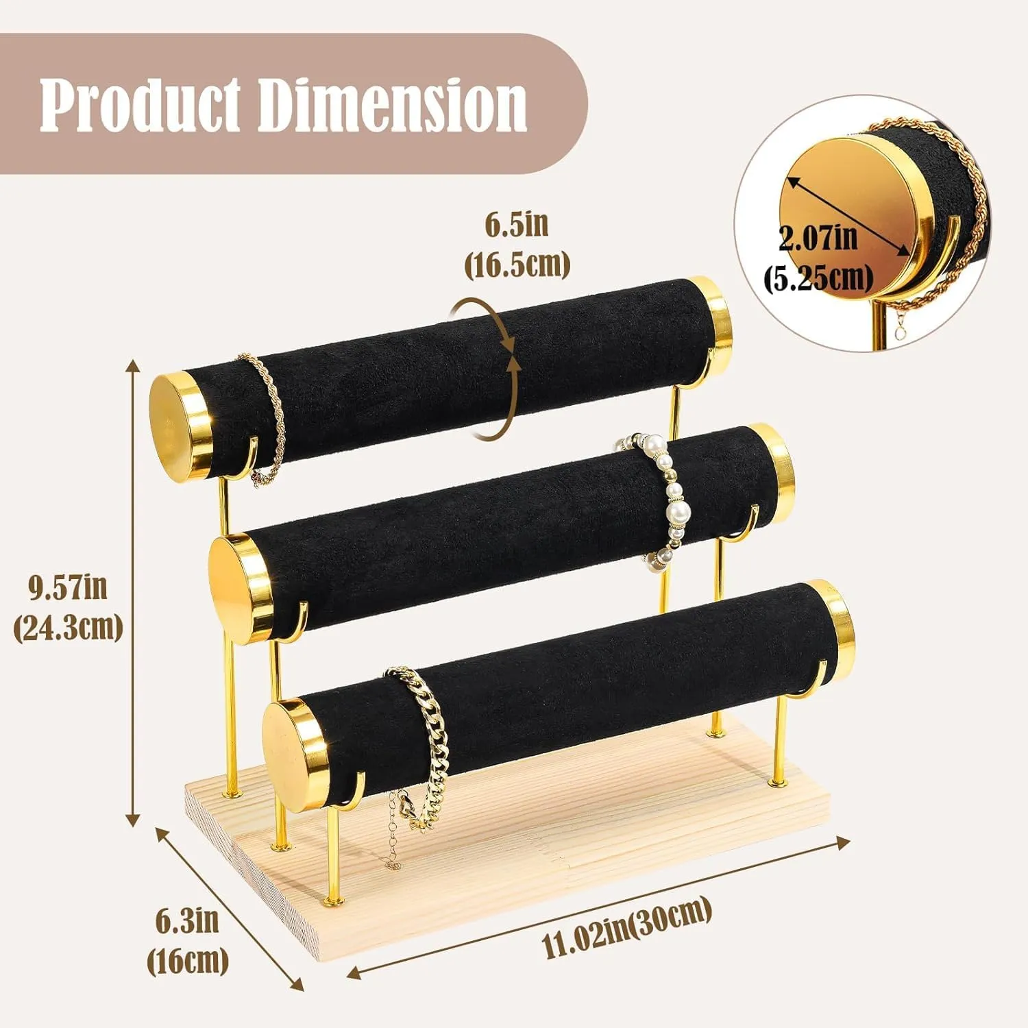 RJ Displays 3-Tier Bracelet Holder & Organizer Stand, Gold Detachable Rack, Wooden Base, Velvet Wrap, 10.5 x 6.25 x 8.6 inches (Grey)