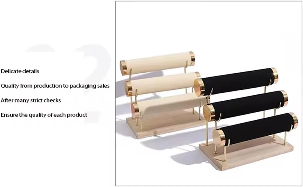 RJ Displays 3-Tier Bracelet Holder & Organizer Stand, Gold Detachable Rack, Wooden Base, Velvet Wrap, 10.5 x 6.25 x 8.6 inches (Grey)