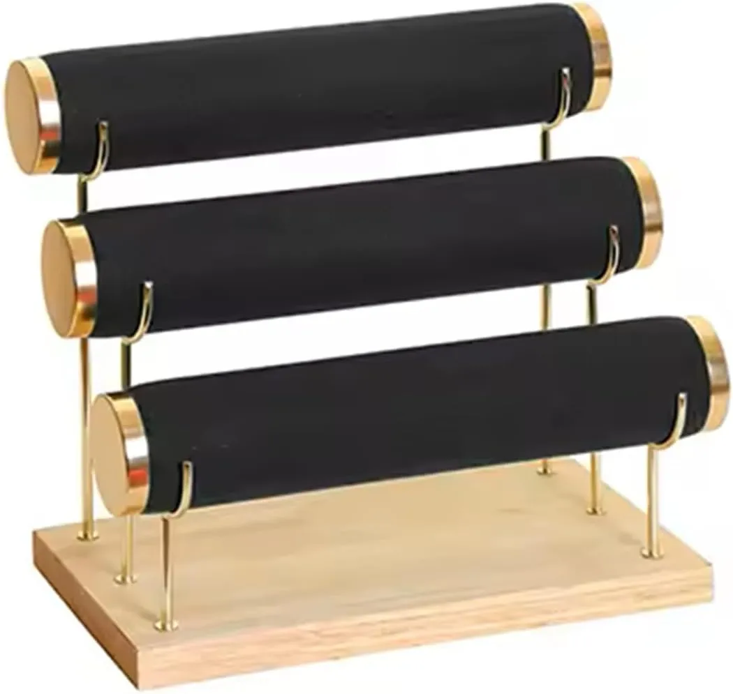 RJ Displays 3-Tier Bracelet Watch, Necklace, Bangles, Anklets Holder & Organizer Stand, Gold Detachable Rack, Wooden Base, Velvet Wrap, 10.5 x 6.25 x 8.6 inches (Black)