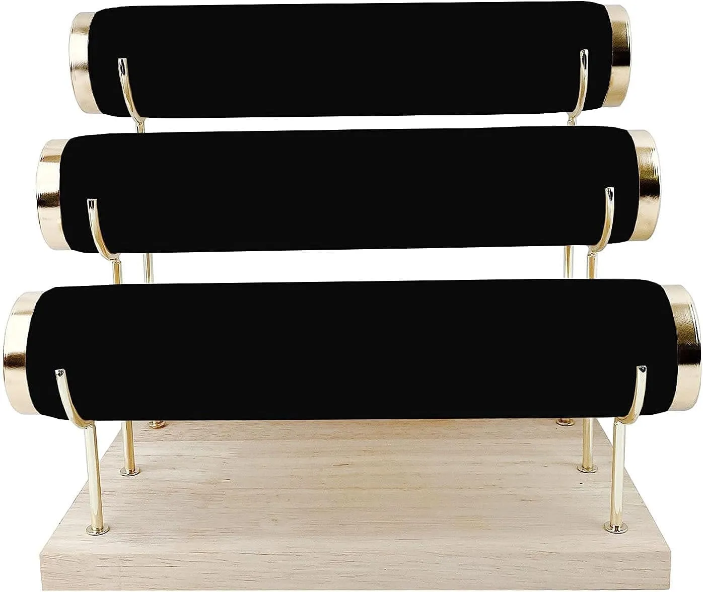 RJ Displays 3-Tier Bracelet Watch, Necklace, Bangles, Anklets Holder & Organizer Stand, Gold Detachable Rack, Wooden Base, Velvet Wrap, 10.5 x 6.25 x 8.6 inches (Black)