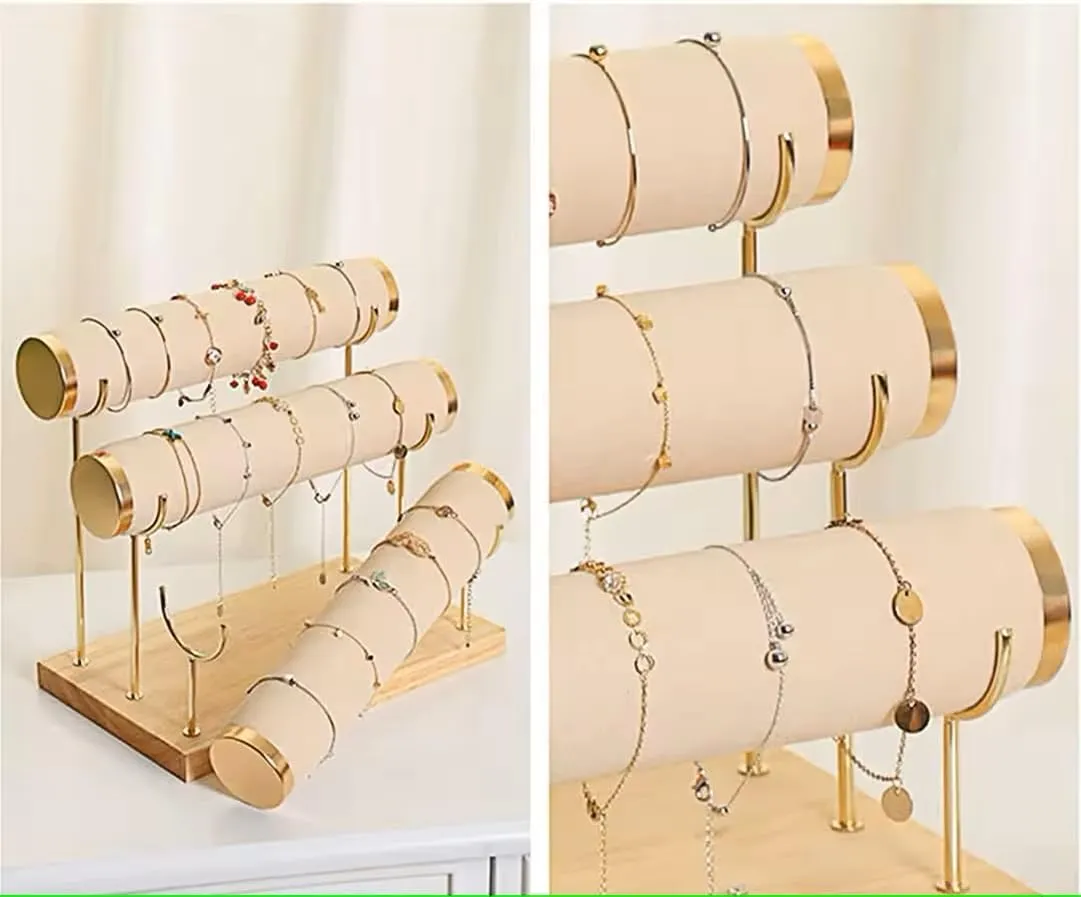 RJ Displays 3-Tier Bracelet Watch, Necklace, Bangles, Anklets Holder & Organizer Stand, Gold Detachable Rack, Wooden Base, Velvet Wrap, 10.5 x 6.25 x 8.6 inches(Beige)
