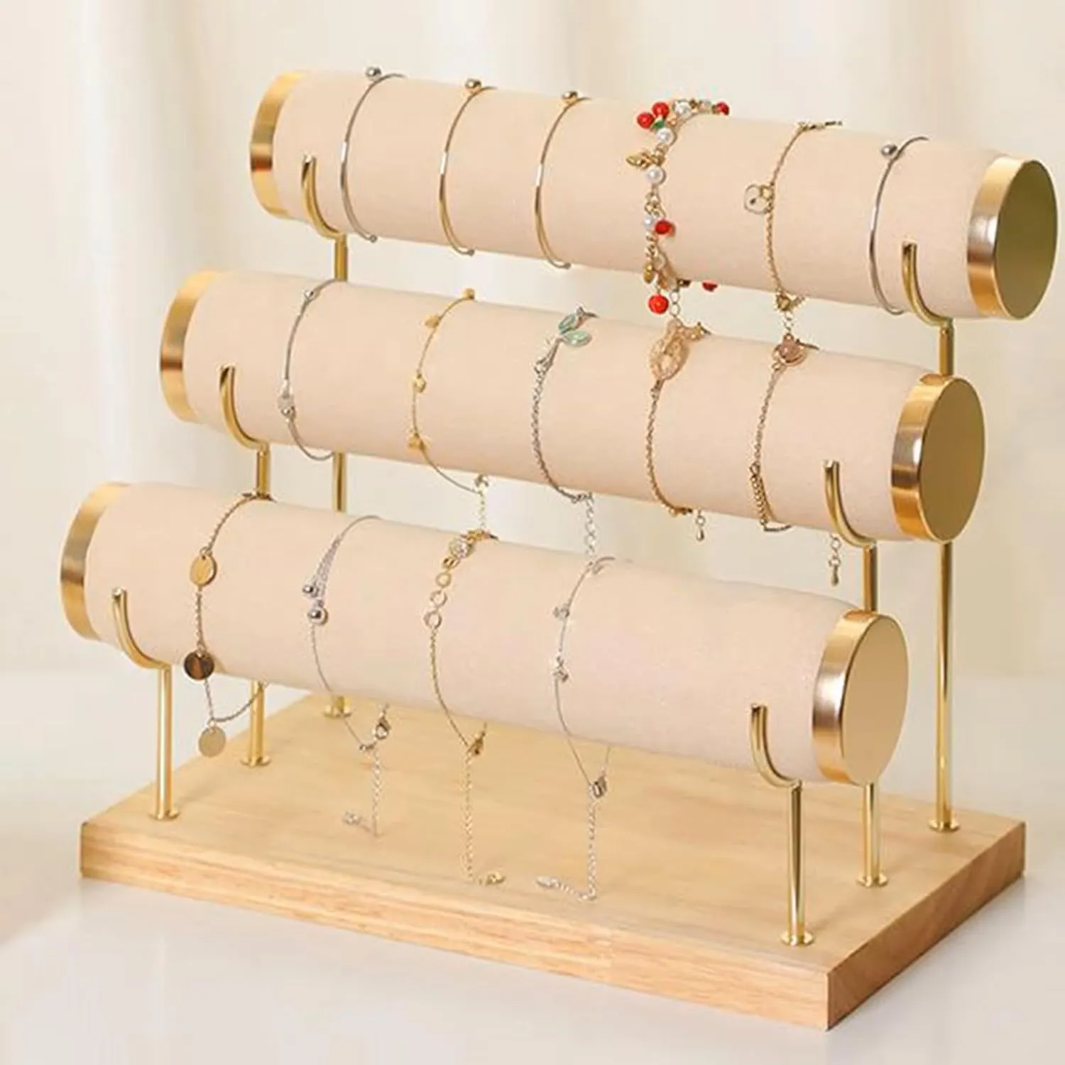 RJ Displays 3-Tier Bracelet Watch, Necklace, Bangles, Anklets Holder & Organizer Stand, Gold Detachable Rack, Wooden Base, Velvet Wrap, 10.5 x 6.25 x 8.6 inches(Beige)