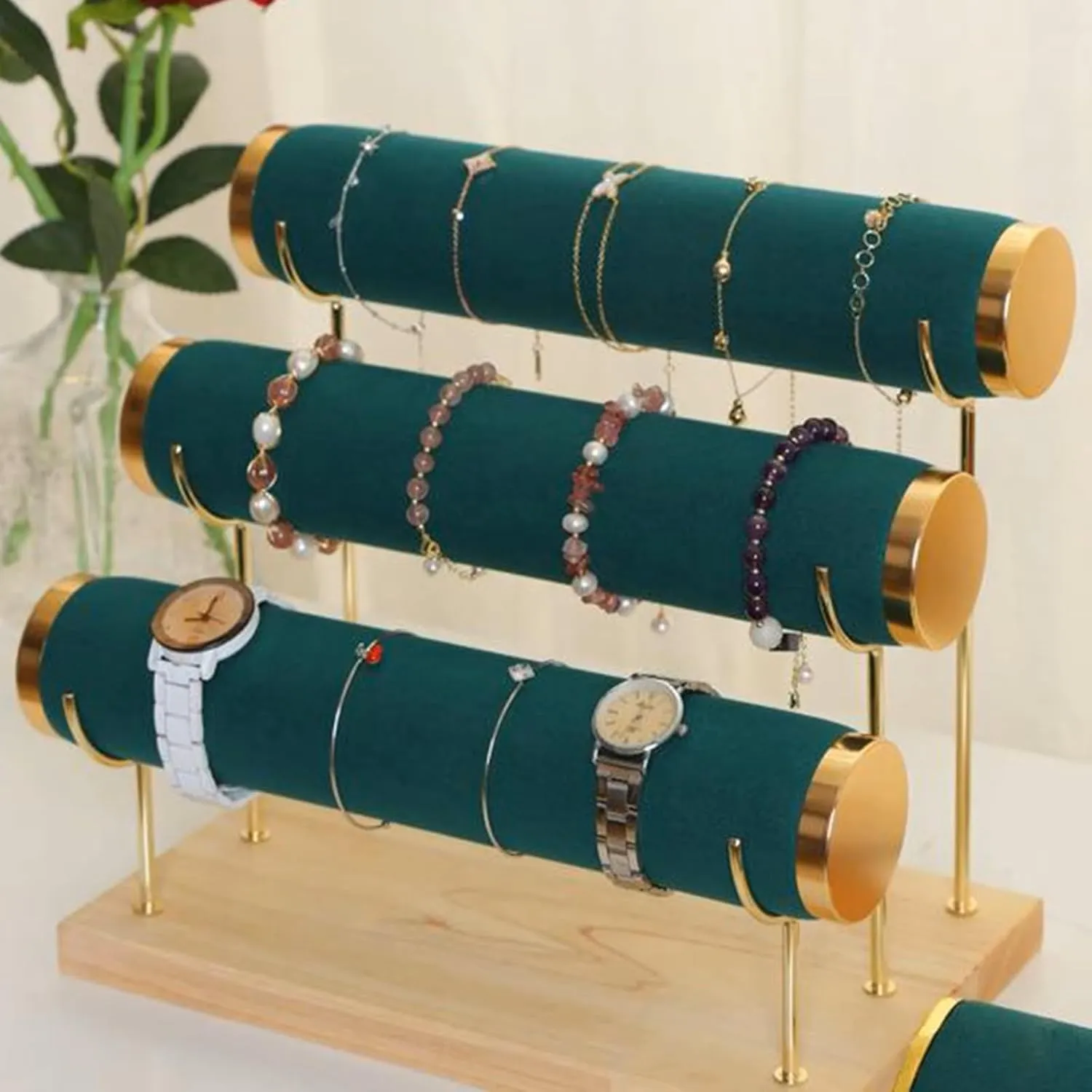 RJ Displays 3-Tier Emerald Green Velvet Bracelet Holder & Organizer Stand, Gold Detachable Rack, Wooden Base, Velvet Wrap, 10.5 x 6.25 x 8.6 inches