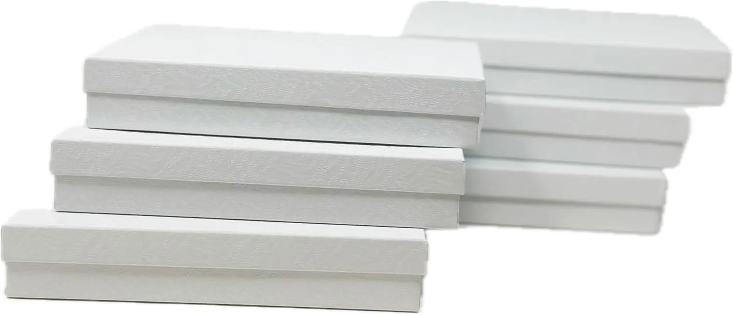 RJ Displays 6 Pack Swirl White Paper Cotton Filled Lidded Jewelry Gift Box Necklace, Belt Buckle, Pendant, Brooch, Bracelet, Bangle, anklet Size- 7" x 5" x1.25"