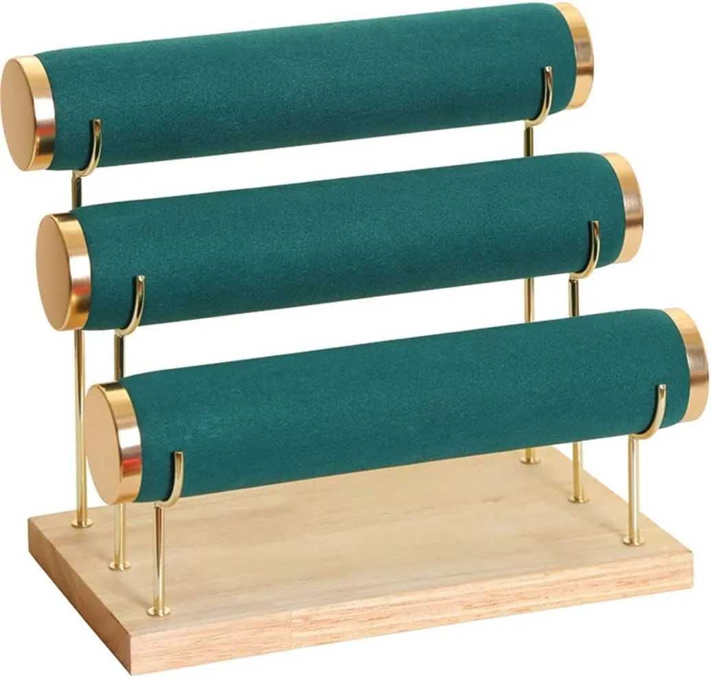 RJ Displays-Velvet Green Detachable Wood Gold Hardware Detachable 3 Tier Bracelet, Watch, Bangle Jewelry Holder Organizer Display Stand. Comes with Micro Fiber Jewelry Cleaning/Polishing Cloth (Green)