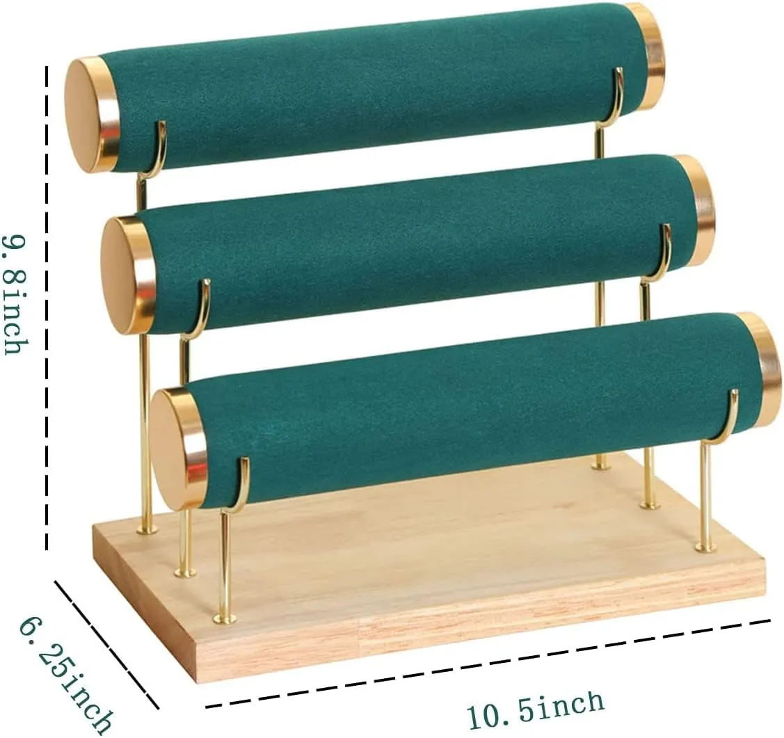 RJ Displays-Velvet Green Detachable Wood Gold Hardware Detachable 3 Tier Bracelet, Watch, Bangle Jewelry Holder Organizer Display Stand. Comes with Micro Fiber Jewelry Cleaning/Polishing Cloth (Green)