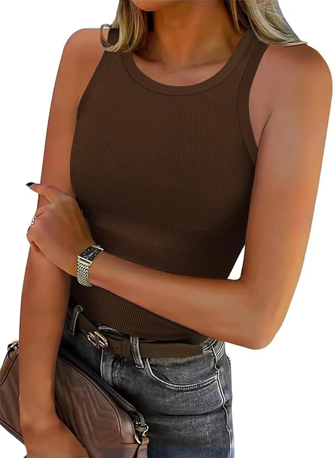 Roselux Women's Sleeveless Crew High Neck Fitted Tank Top Summer Ribbed Knit Slim Basic Cami Shirts