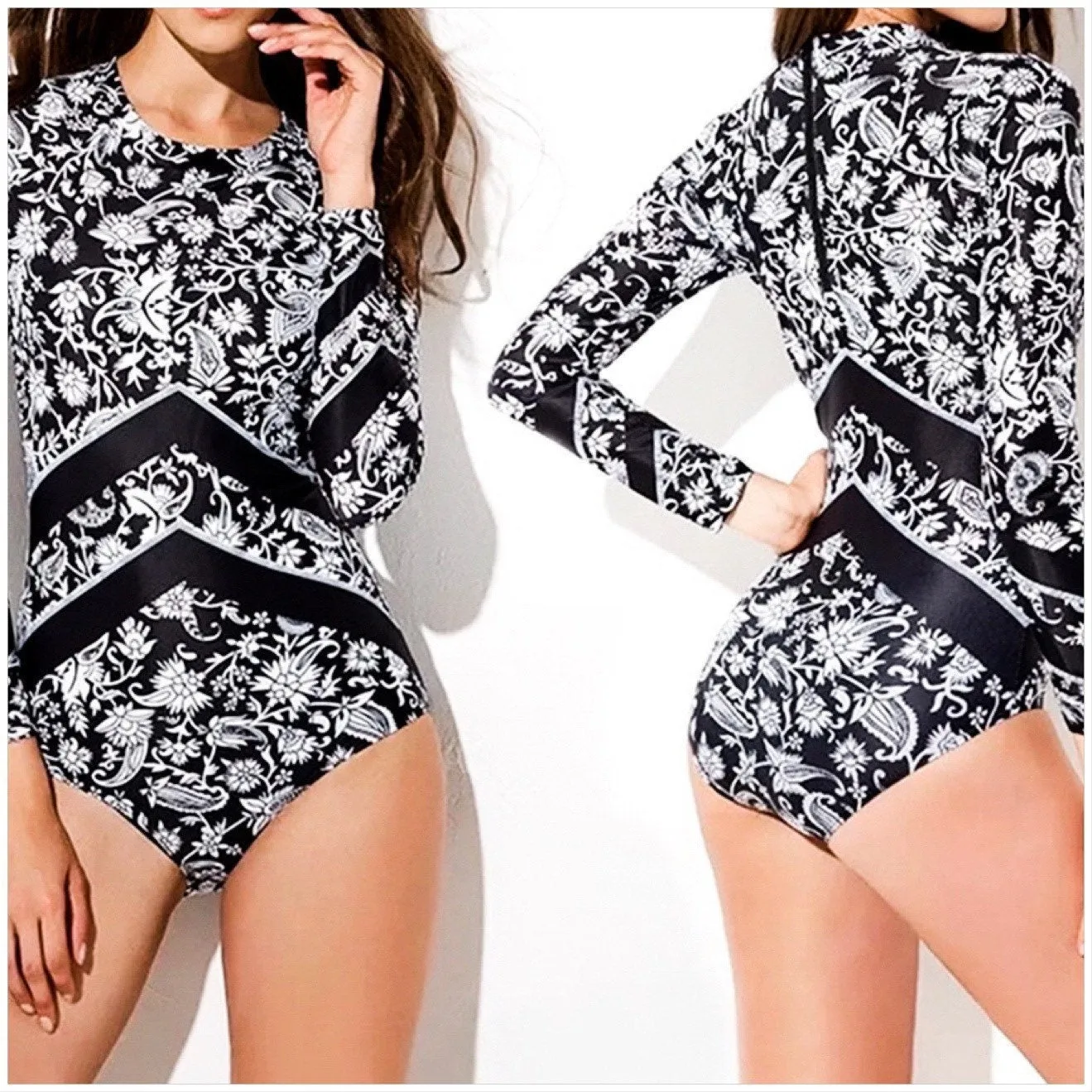 s-xxl UPF Rashguard AIR WAVES Swimsuit   black paisley one-piece hip arrows beach pool surf women modest feminine long-sleeve 2024 gift