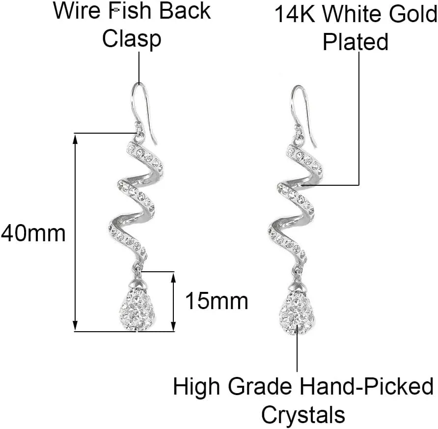 Savlano 14K White Gold Plated Spiral Shape Crystal Drop Dangle Earrings for Women, Comes with Savlano Gift Box