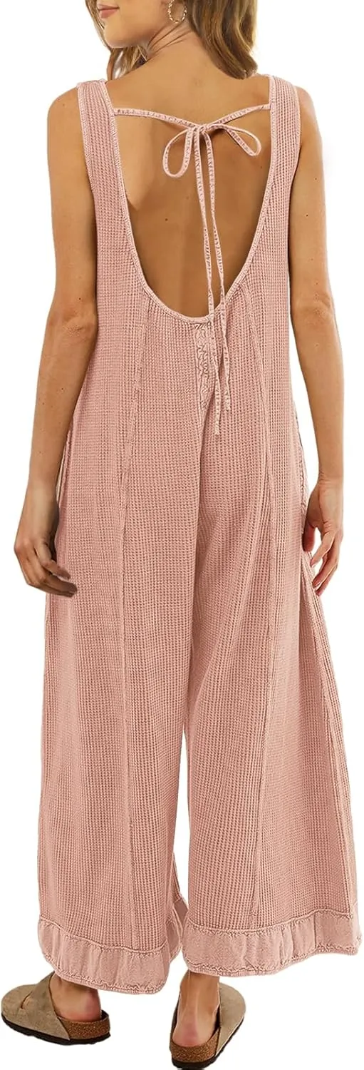 SENSERISE Womens Wide Leg Jumpsuits Waffle Knit Open Back Romper with Pockets Casual Loose Overalls