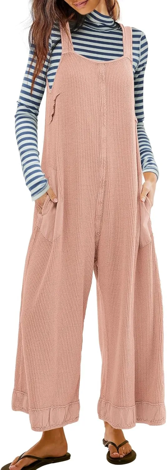SENSERISE Womens Wide Leg Jumpsuits Waffle Knit Open Back Romper with Pockets Casual Loose Overalls