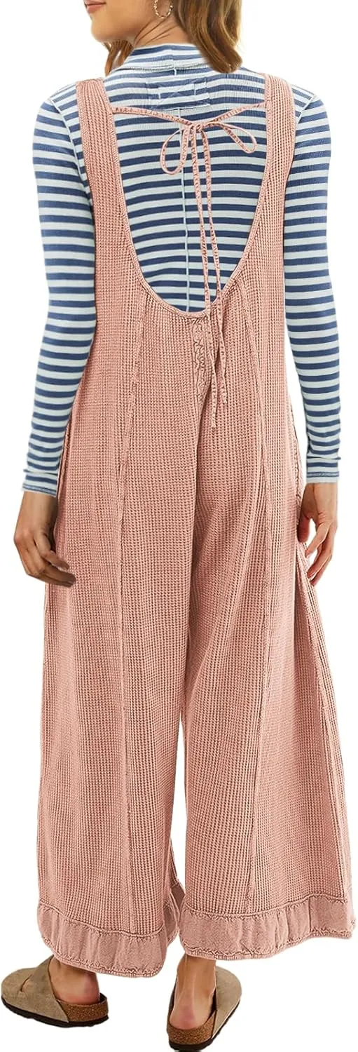SENSERISE Womens Wide Leg Jumpsuits Waffle Knit Open Back Romper with Pockets Casual Loose Overalls