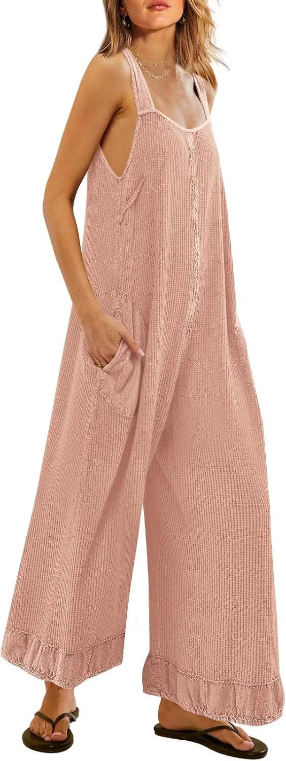SENSERISE Womens Wide Leg Jumpsuits Waffle Knit Open Back Romper with Pockets Casual Loose Overalls