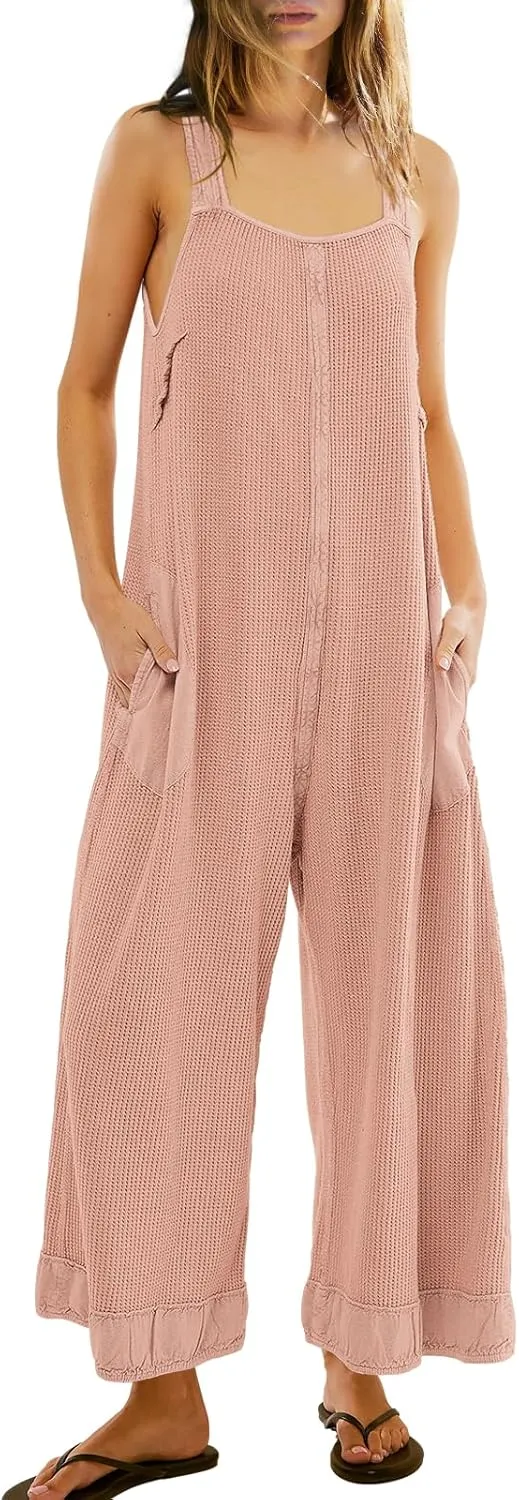SENSERISE Womens Wide Leg Jumpsuits Waffle Knit Open Back Romper with Pockets Casual Loose Overalls
