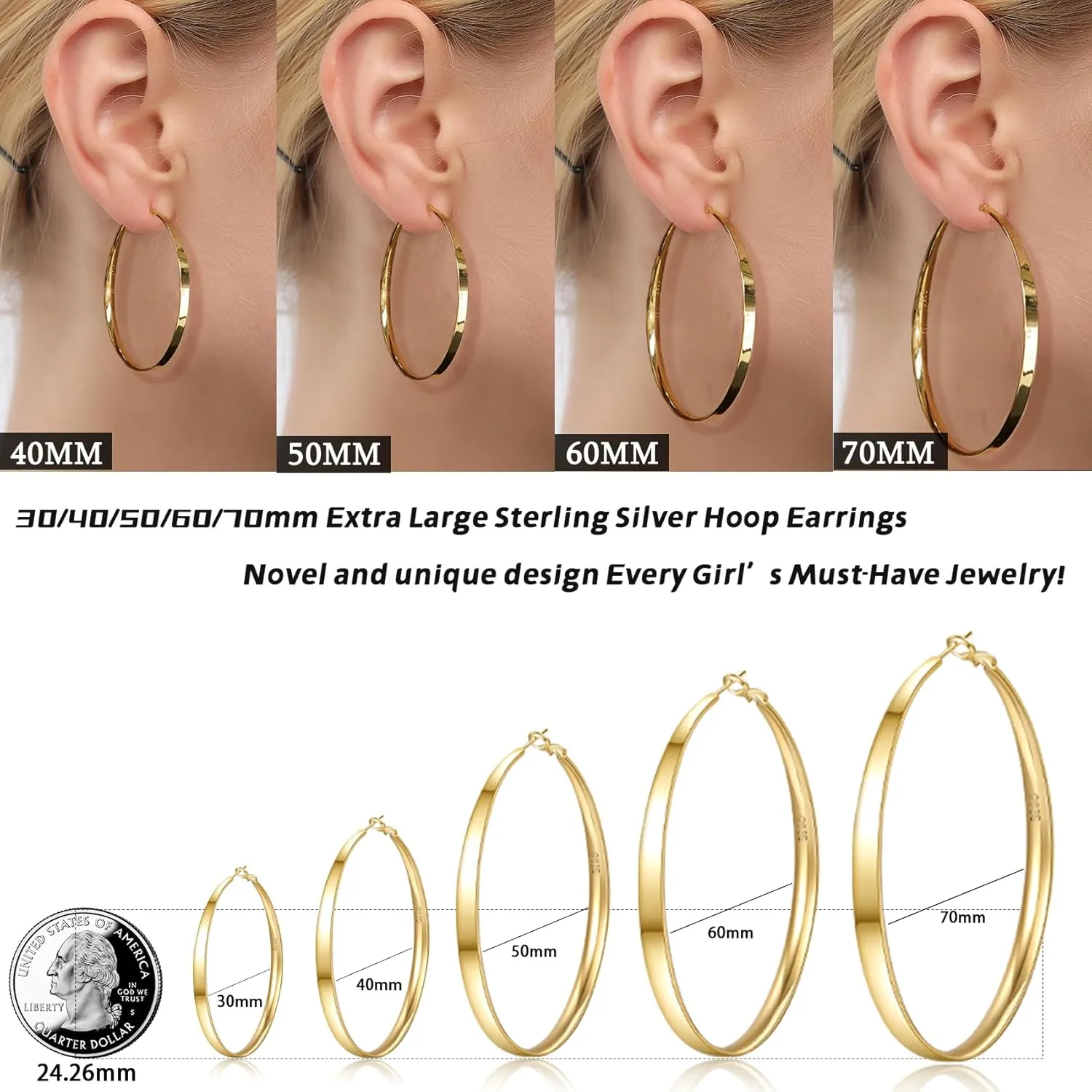 Senteria 5MM Wide 925 Sterling Silver Hoop Earrings for Women Hypoallergenic Extra Large Silver Hoops Earrings Large Oversize Big Thick Hoop Earrings for Women 30/40/50/60/70MM