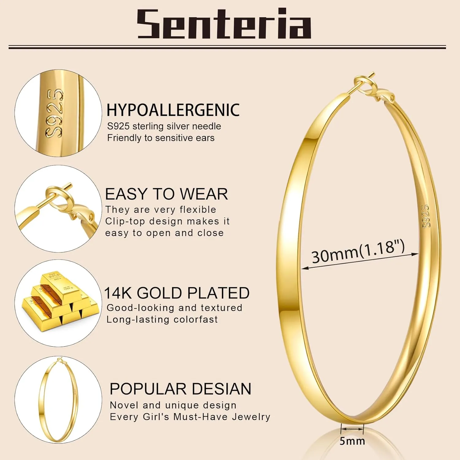Senteria 5MM Wide 925 Sterling Silver Hoop Earrings for Women Hypoallergenic Extra Large Silver Hoops Earrings Large Oversize Big Thick Hoop Earrings for Women 30/40/50/60/70MM